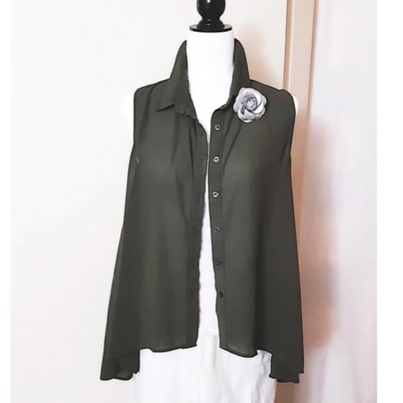 SEDUCTIONS Green Tunic Top Spread Collar Button Front Hi-low A-line Sleeveless - Picture 2 of 11